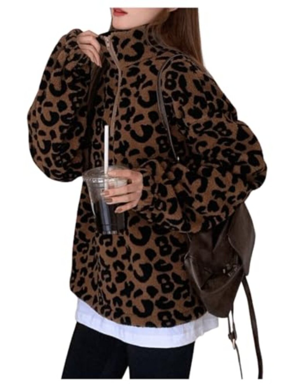 Leopard Print Half Zip Collar Fleece Sweatshirt Oversized Pullover
